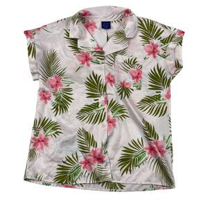 Apt.9 Intimates Sz S Pink Satin Button Up Pajama Shirt Tropical Floral Collared